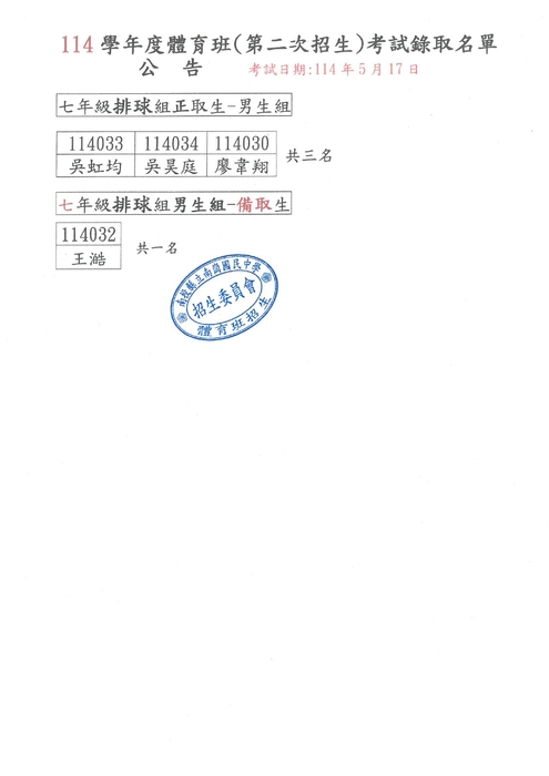 【體育組】公告：114學年度體育班第二次甄選入學暨插班考試錄取名單圖片
